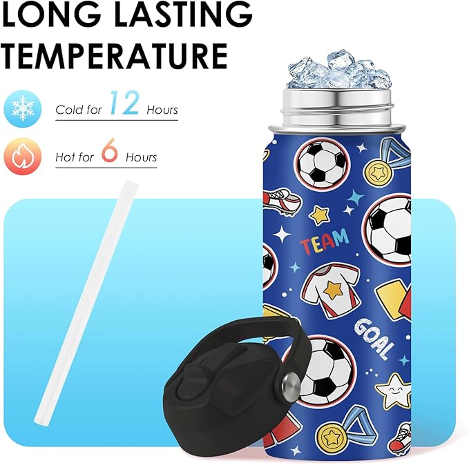 Soccer Gifts for Kids - 16 Oz Kids Water Bottle with Straw Lid, Stainless Steel Insulated Tumbler, Leak Proof, BPA-Free, for Girls, School, Travel - Soccer Lovers Children Birthday Gifts Cups(1pc)