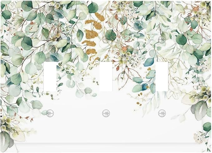 Gold Green Eucalyptus Leaves Plants Flowers Floral Decorative Switch Plates 3 Gang Wall Plate Triple Toggle Light Switch Cover Faceplate Electrical Wall Panels for Bedroom Living Room Decor