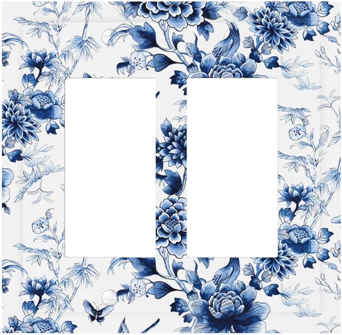 Blue Flower White Floral Plant Bird Butterfly Decorative Outlet Covers 2 Gang Double GFCI Rocker Electrical Wall Panels Light Switch Cover Plate for Bedroom Living Room Decor