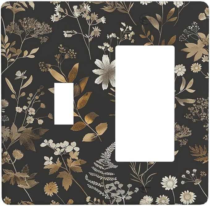 Outlet Covers Black Gold Floral Dark Leaves Vintage Flowers 1 Toggle 1 Rocker Combination Decorative Wall Plate Electrical Switch Plates Light Switch Cover Plate for Bed Room Home Decor