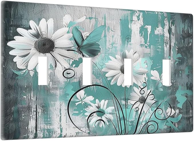 Light Switch Covers Teal Daisy Floral Vintage Wood Plank Quad Toggle Electrical Faceplate 4 Gang Wall Plate Decorative Switch Plates For Farmhouse Cabin Decor