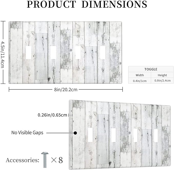 Grey White Wood 4 Gang Light Switch Cover Decorative Quad Toggle Wall Plate Decorative Electrical Faceplate for Kitchen Home Barn Farmhouse Decorate Large 8" x 4.5