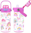 Queenshin Girls Rainbow Water Bottle for School 20oz BPA-Free Tritan Outdoor Kids Sports Water Cup Leak Proof with Straw Lid Handle Pop-Up Spout Cover