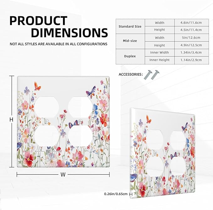 Colorful Flower Watercolor Floral Butterfly Bird Outlet Covers 2 Gang Double Duplex Decorative Light Switch Covers Electrical Wallplates Socket Faceplate for Bedroom Living Room Decor