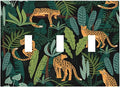 Jungle Cheetah Tropical Wildlife Leopard Green Palm Leaf Decorative Switch Plates 3 Gang Wall Plate Triple Toggle Light Switch Cover Faceplate Electrical Wall Panels for Farmhouse Home Decor