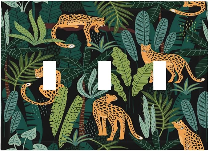 Jungle Cheetah Tropical Wildlife Leopard Green Palm Leaf Decorative Switch Plates 3 Gang Wall Plate Triple Toggle Light Switch Cover Faceplate Electrical Wall Panels for Farmhouse Home Decor