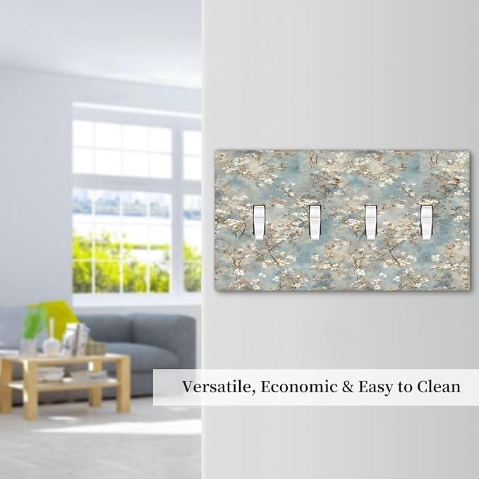 Decorative Light Switch Cover Plate Rustic Blue White Plum Blossom Flower 4 Gang Wall Plates for Electrical Quad Toggle Switch Plate Covers Outlet Covers Faceplate for Bedroom Decor