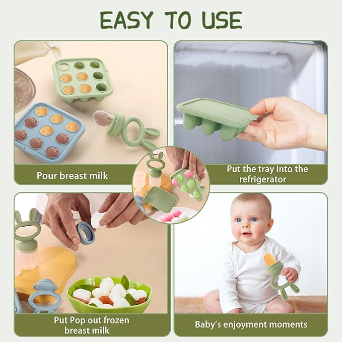 WAJIAYON Easter Bunny Baby Breastmilk Popsicle Molds & Baby Fruit Feeder,Infant Food Freezer Tray Storage Containers, Silicone Teething Pacifier Feeder and Teether for Babies,Silicone Feeder