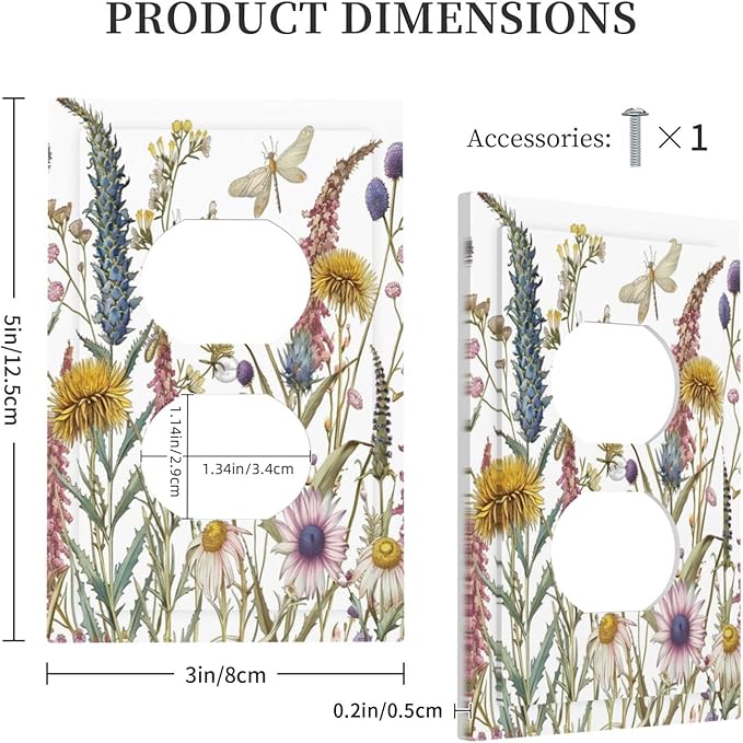 Decorative Outlet Covers Botanical Wildflowers Dragonfly Colorful Floral 1 Gang Duplex Light Switch Cover Plate Electrical Switch plates Wall Plates Receptacle Covers for Bathroom Bedroom