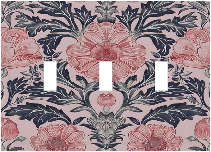 Pink Floral Vintage Botanical Boho Flower Decorative Switch Plates 3 Gang Wall Plate Triple Toggle Light Switch Cover Faceplate Electrical Wall Panels for Farmhouse Home Decor