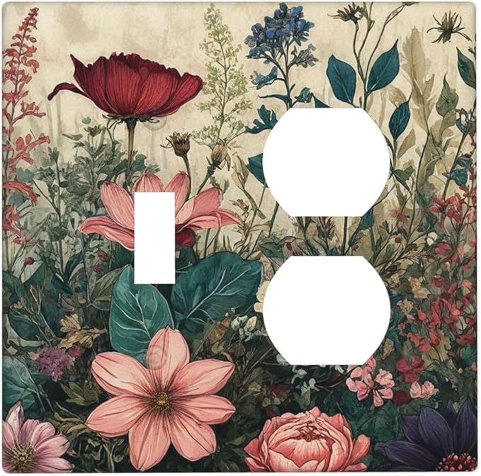 Decorative Outlet Covers Rustic Wildflower Red Floral Green Plant 2 Gang Wall Plate Cover Single Toggle Duplex Combo Two Switch Light Switch Cover Plate Jumbo Dual Face Plate