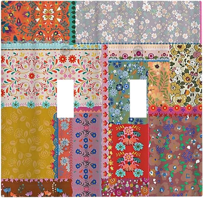 Light Switch Cover Boho Patchwork Bohemian Stitching Colorful Floral 2 Gang Wall Plate Double Light Switch Plate Toggle Decorative Outlet Covers Electrical Switchplate for Bathroom Home Decor