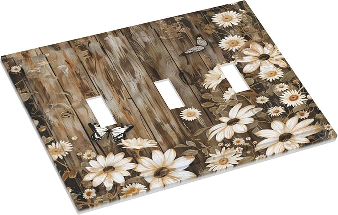 Light Switch Cover Plate Rustic Wood Butterflies Flowers Botanical 3 Gang Triple Toggle Decorative Switch Plates Wall Plates Electrical Switchplate Faceplate for Farmhouse Cabin Decor