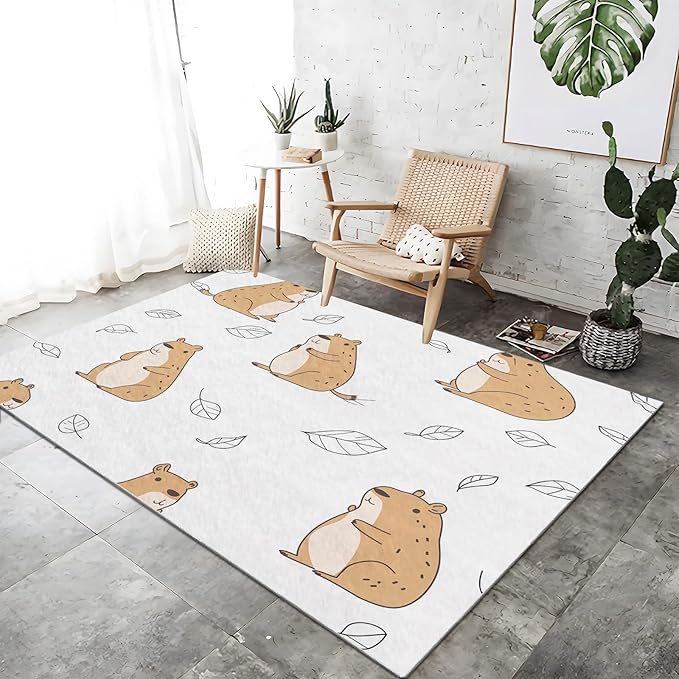 Cartoon Animal Capybara Rugs 5.2×7.5ft Non-Slip Soft Washable Area Rug for Nursery Kids Girls Boys Bedroom, Ultra-Thin Low Pile Carpet for Living Room Dorm Dining Room Decor