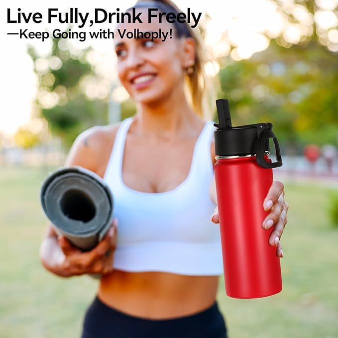 Volhoply 16 OZ Kids Water Bottle Bulk 2 Pack,Insulated Sports Bottles with Straw Lid,Stainless Steel Bottle with Handle Keep Cold & Hot,Double Wall Vacuum Tumbler Cups for School,Girls(Red, 2)