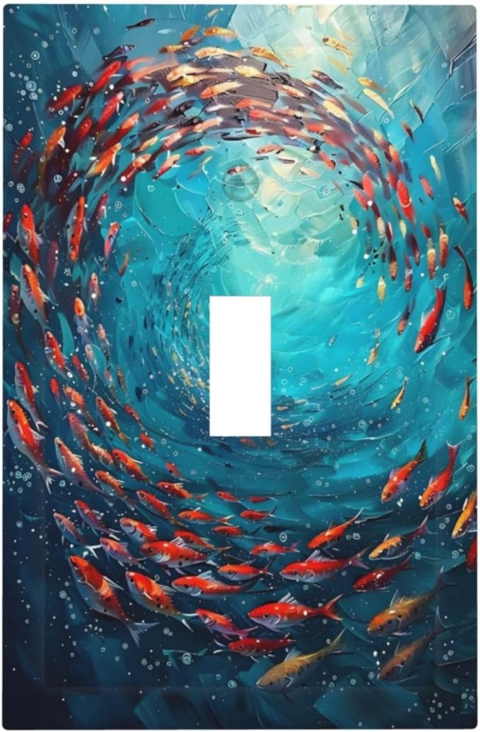Ocean Fish School Of Fish Vortex Deep Sea Decorative Light Switch Cover 1 Gang Single Toggle Device Electrical Faceplate Switchplates Decorator Outlet Wall Plate for Kids Room Bedroom Decor