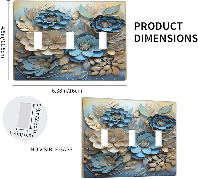 Decorative Art Light Switch Covers Blue and Creamy Floral 3 Gang Triple Toggle Wall Plate Decorative Switch plate Electrical Faceplate for Home Decor