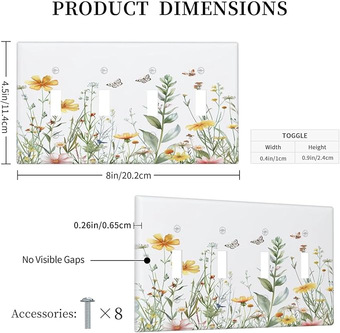Light Switch Cover Plate Rustic Colorful Floral Butterfly Watercolor Flowers 4 Gang Quad Toggle Decorative Switch Plates Wall Panels Electrical Wall Plates Faceplate for Bathroom Bedroom Decor