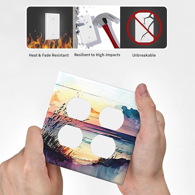 Decorative Outlet Covers Watercolor Sunset Beach Nature Coastal Seascape 2 Gang Wall Plate Double Duplex Light Switch Cover Switch Plate Covers Faceplate for Bedroom Home Decor