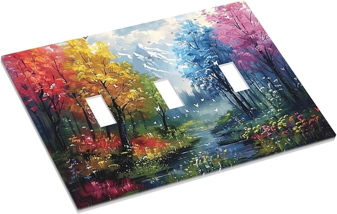 Colorful Forest Snow Mountain River Oil Painting Style Decorative Switch Plates 3 Gang Wall Plate Triple Toggle Light Switch Cover Faceplate Electrical Wall Panels for Bedroom Living Room Decor