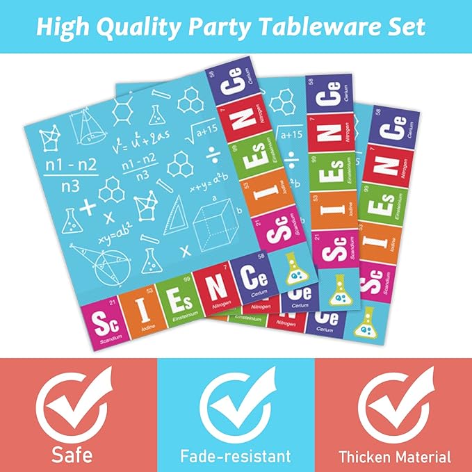 96 Pcs Science Party Plates Napkins Tableware Set Mad scientist Supplies Disposable Dinnerware Little Scientist Decoration Favors for Kids, 24 Guests