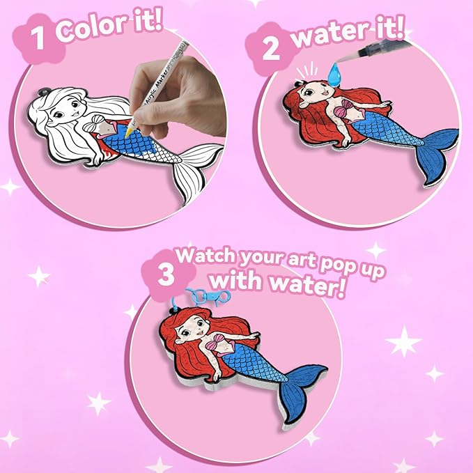 WurLoo Aqua Puffs 3D Art Kit for Kids, Mess-Free Paint by Number Crafts with Princesses & Unicorns, DIY Color & Inflate Activity, Travel Toys & Creative Gifts for Girls Ages 4, 5, 6, 7, 8, 9, 10