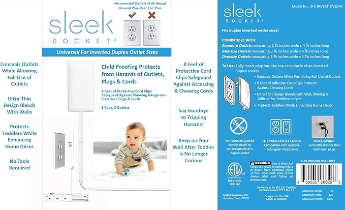 Sleek Socket No Shock Child Protector, Outlet & Plug Concealer for Inverted Outlets, Protective Cord Clips, 8-Foot Flat Extension Cord with Multiple Outlets, Baby Proofing from Chewing Dangerous Cords