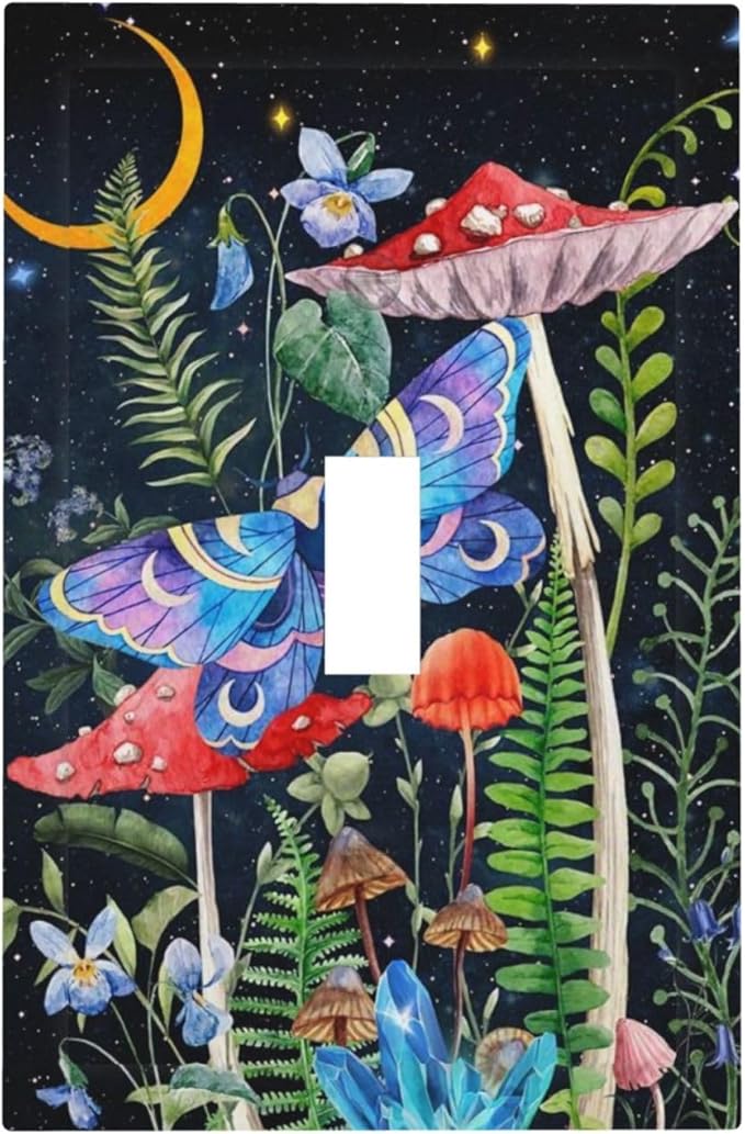 Gothic Moth Mushroom 1-Gang Outlet Light Switch Cover Decorative Single Toggle Face Wall Plate Starry Moon Floral Night Butterfly Boho Aesthetic Art Botanical Electrical Receptacle Cover Midway Size