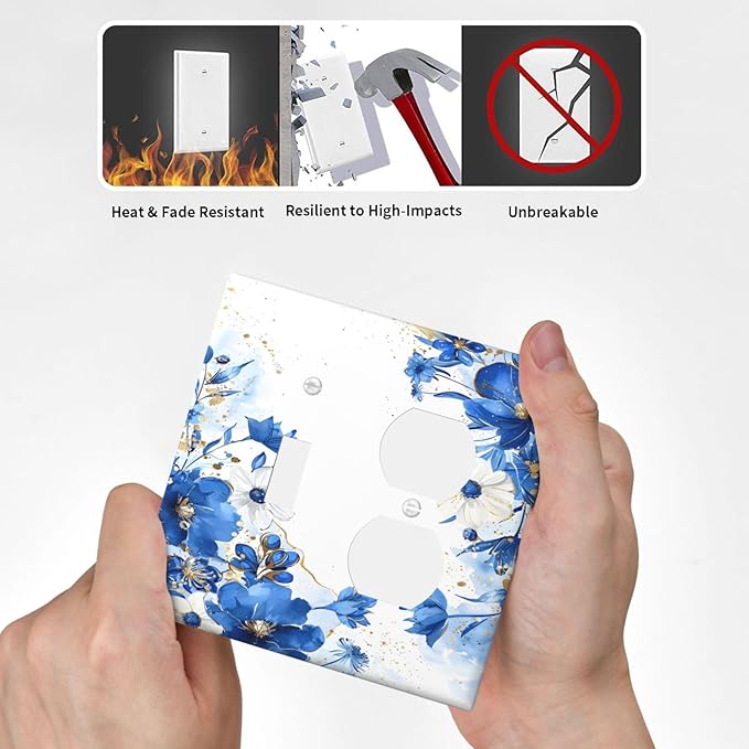 Klein Blue Flowers Watercolor Golden White Floral Wallplates 1 Toggle 1 Duplex Switch Plate Electrical GFCI Faceplate Decorative Light Switch Covers for Bedroom Living Room Decor