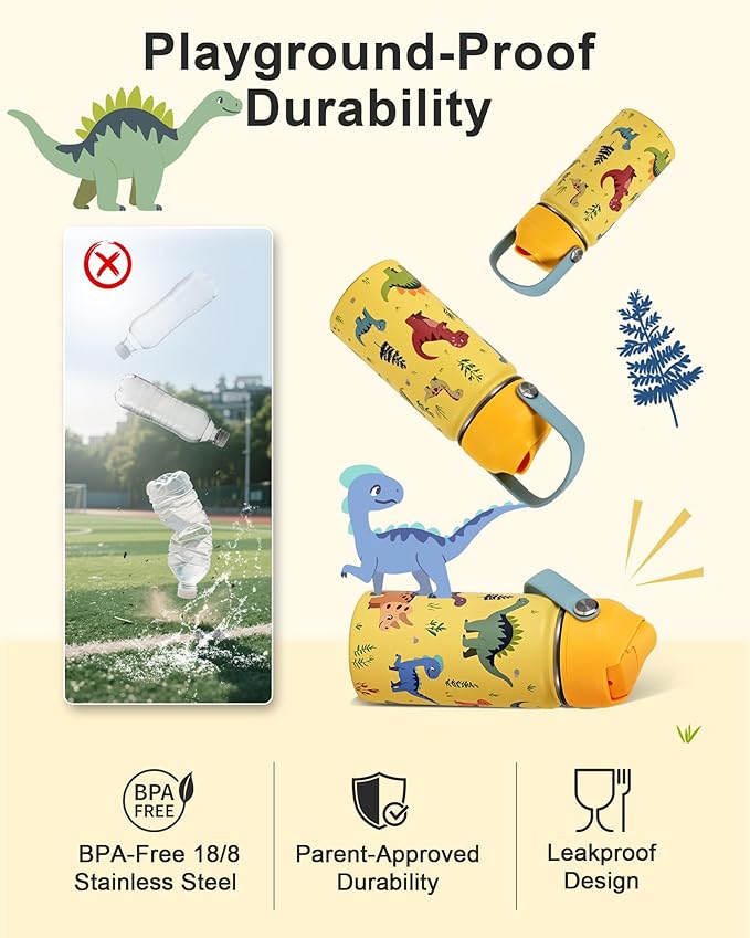 Kids Water Bottle 14oz with Silicone Straw Lid - Insulated Toddler Water Bottle Stainless Steel Keeps Cold 24H, Leak Proof & Dinosaur Prints Design | Custom Name Tag for School, Daycare, Travel