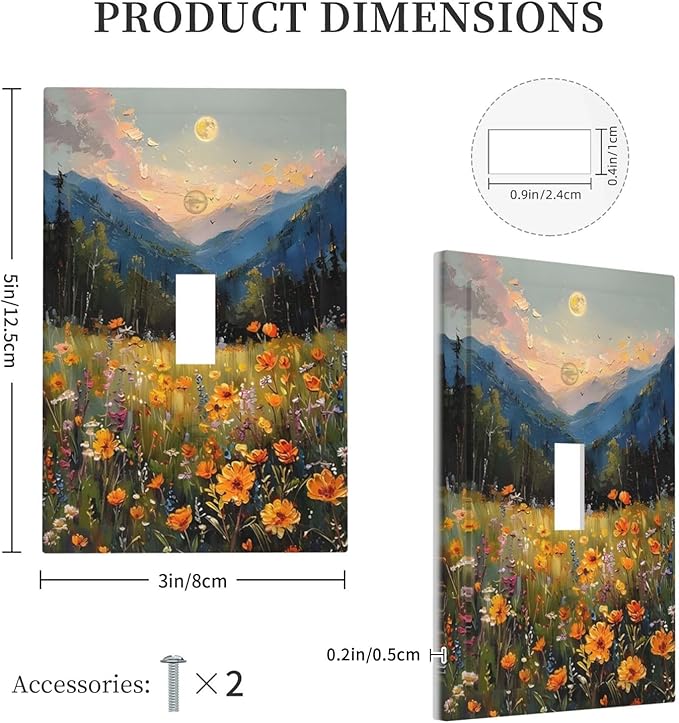 Sunset Wild Flower Field Floral Nature Landscape Decorative Light Switch Cover 1 Gang Single Toggle Device Electrical Faceplate Switchplates Decorator Outlet Wall Plate for Farmhouse Bedroom Decor