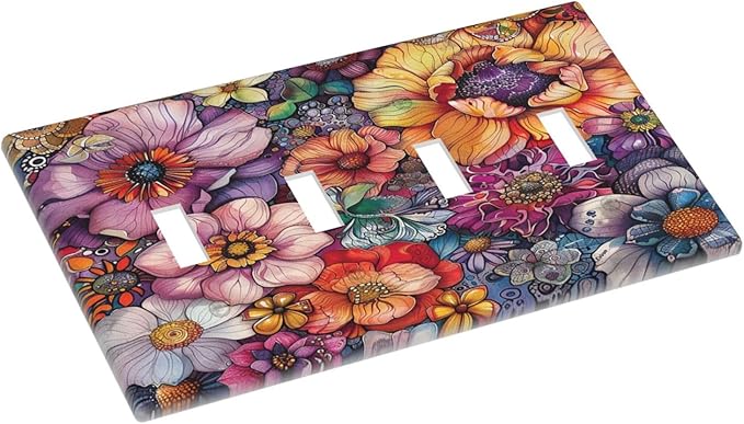 Light Switch Covers Colorful Bohemian Flowers Vintage Boho Floral Quad Toggle Electrical Faceplate 4 Gang Wall Plate Decorative Switch Plates for Bed Room living Room Decor