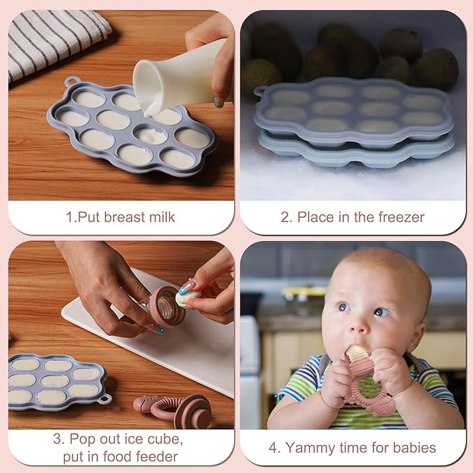 Baby Breastmilk Popsicle Molds & Fruit Feeder Pacifier, Silicone Baby Food Freezer Tray Storage Containers for Infant Teething Self Feeding