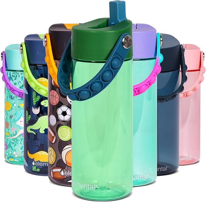 Elemental Water Bottles for Kids - Splash Kids Water Bottle for School with Pop-it Handle - BPA Free Tritan Plastic Water Bottle with Straw Leak Proof when Spout is Closed - Stormy Grove - 18oz