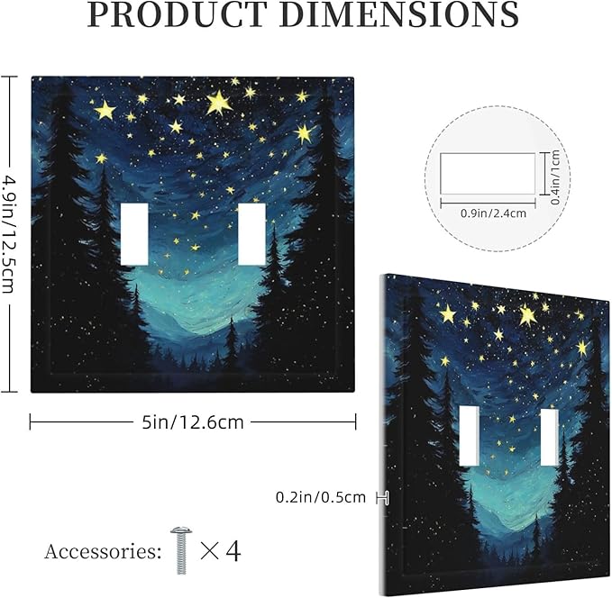 Decorative Switch Plates Blue Starry Sky Forest Painted Star Pine Tree Oil Painting 2 Gang Double Toggle Wall Plate Outlet Light Switch Cover Electrical Faceplate for Bedroom Cabin Decor