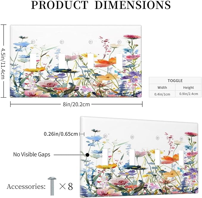 Watercolor Wildflowers Colorful Floral Plant Light Switch Covers Quad Toggle Electrical Faceplate 4 Gang Wall Plate Decorative Switch Plates Cover for Bedroom Living Room Decor