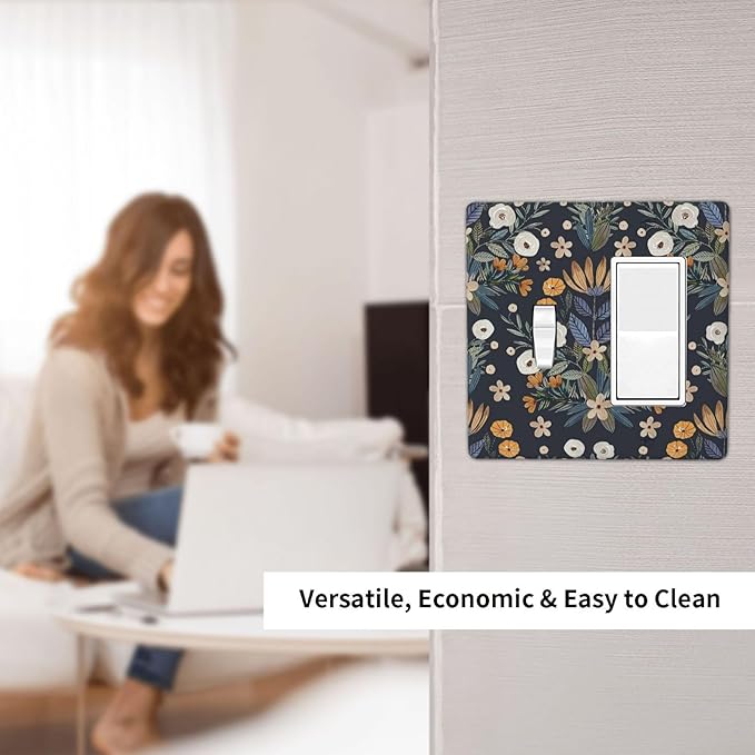 Boho Leaf Floral Navy Blue Background 2 Gang Single Toggle Rocker Combination Light Switch Covers Wall Plate Cover Electrical Faceplate Decorative Switchplate for Farmhouse Bedroom Bedroom Decor