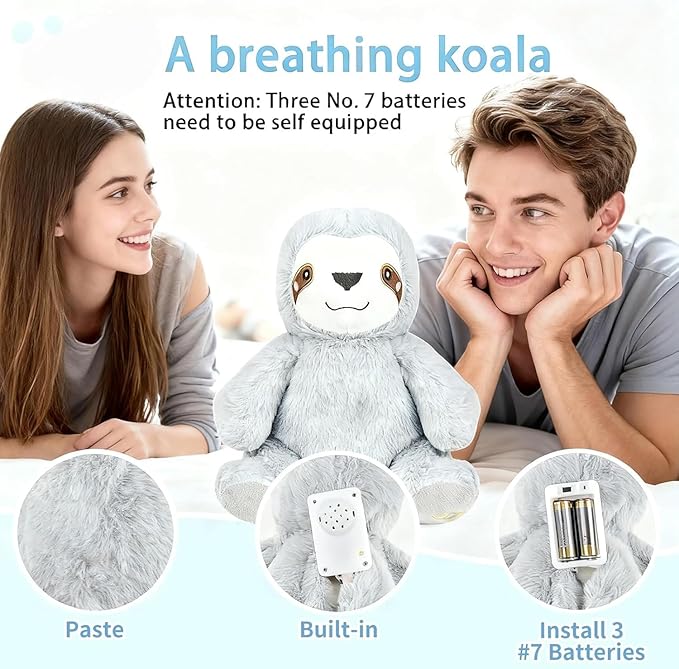 rytopt Breathing Stuffed Animal, Upgraded Version, No Breathing Movement in Its Abdomen, Breathing Sloth, 4 Gear Adjustment, Volume Control, with Music & Lights