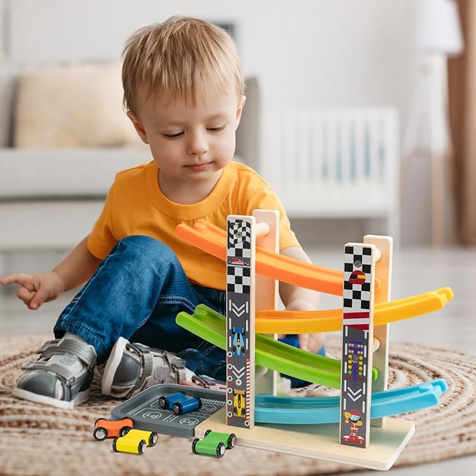 WOOD CITY Wooden Car Ramp Racer Toy Vehicle Set with 4 Mini Cars & Race Tracks, Toddler Toys for 1 2 3 Years Old, Montessori Cars Toys Birthday Gift for Kids Boys and Girls