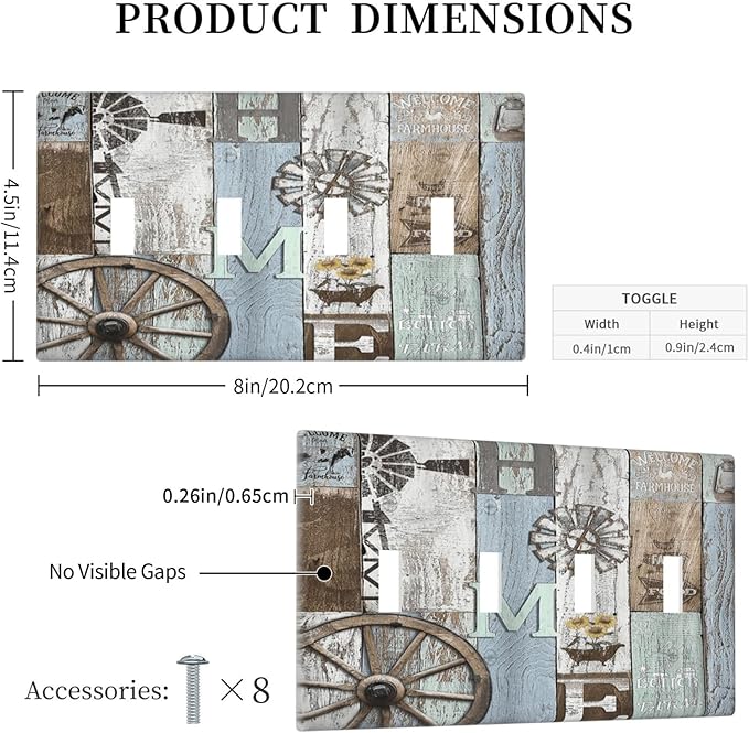 Rustic Western Barn Door Vintage Windmill Light Switch Covers Quad Toggle Electrical Faceplate 4 Gang Wall Plate Decorative Switch Plates Cover for Farmhouse Home Decor