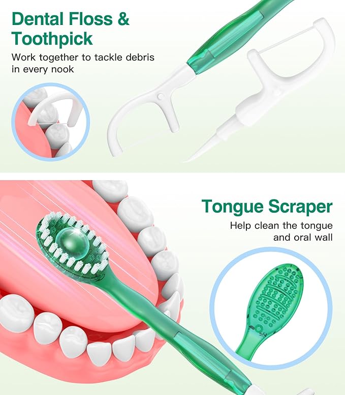 12 Pack 5 in 1 Disposable Mini Toothbrushes with Toothpaste, Floss, Pick & Tongue Scraper, Individually Wrapped, Portable Toothbrush Travel Set for Kids Adults, Green Tea Flavor