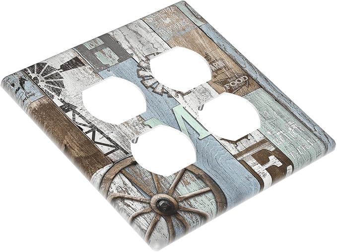 Rustic Western Barn Door Vintage Windmill Outlet Covers 2 Gang Double Duplex Decorative Light Switch Covers Electrical Wallplates Socket Faceplate for Farmhouse Home Decor