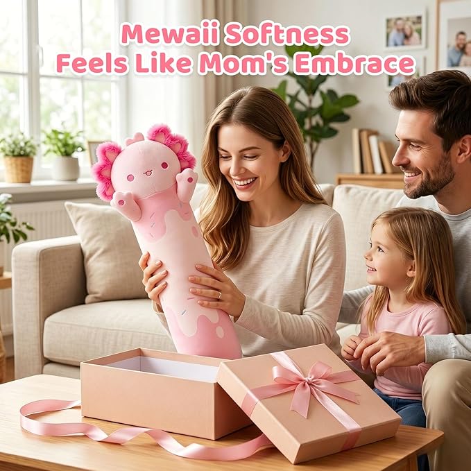 Mewaii Long Axolotl Plush 5 Sizes, 120% Extra Filling Giant Plushness Kids Body Pillow, Kawaii Cute Pink Axolotl Stuffed Animals Plushies, Big Long Body Pillow Cat Plush Gift for Girls 20”