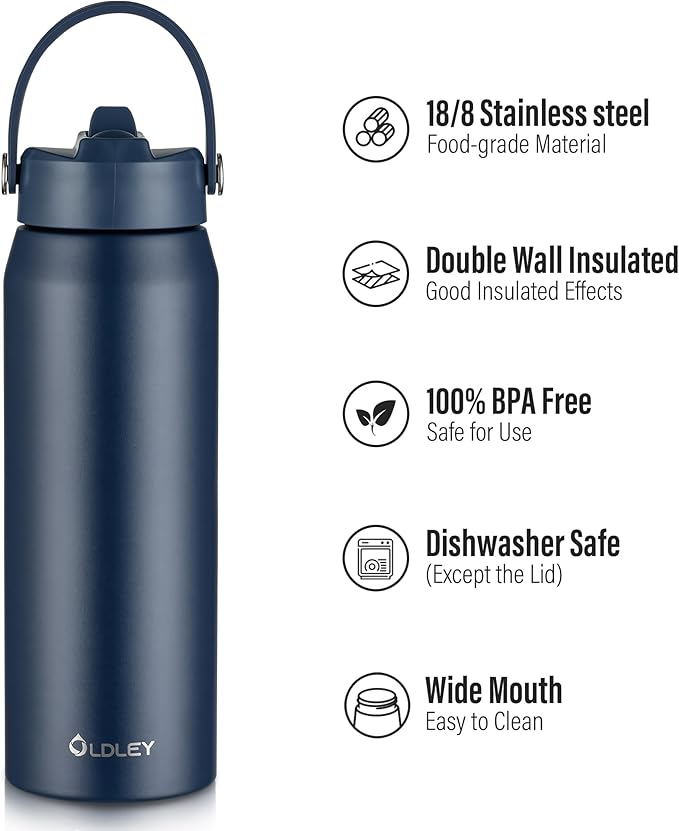 Oldley 24oz Insulated Water Bottle with Straw, Stainless Steel Water Bottle for Sports, Travel, School, BPA-Free Sports Bottles for Adult Kids, Leak-Proof, Navy Blue