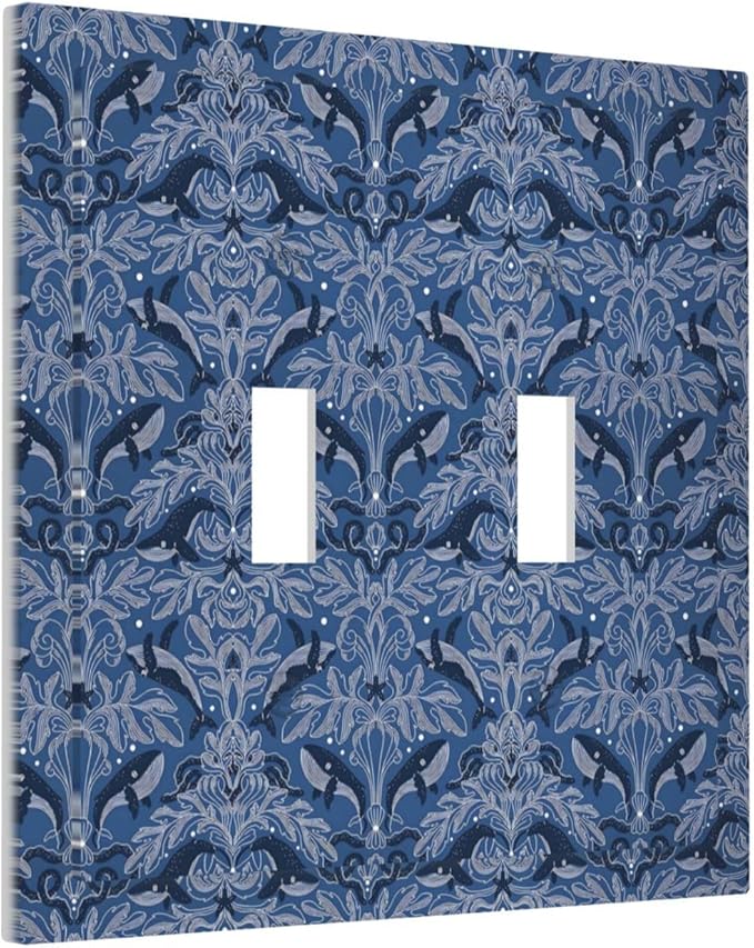 Blue Modern Nautical Art Whale Fish Ocean Damascus Decorative Switch Plates 2 Gang Double Toggle Outlet Light Switch Cover Wall Plate Electrical Faceplate for Bedroom Living Room Decor