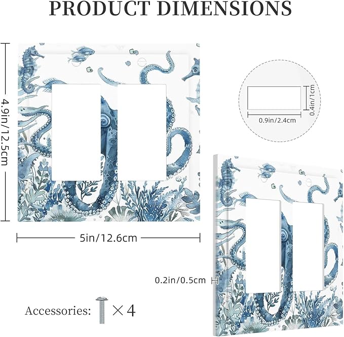 Blue Octopus Squid Seahorse Coral Watercolor Wild Sealife Decorative Outlet Covers 2 Gang Double GFCI Rocker Electrical Wall Panels Light Switch Cover Plate for Bathroom Kids Room Decor