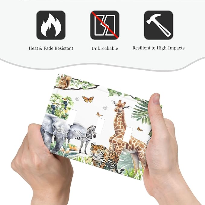 Elephant Giraffe Jungle Animals Leopard Zoo Decorative Switch Plates 3 Gang Wall Plate Triple Toggle Light Switch Cover Faceplate Electrical Wall Panels for Kids Room Nursery Decor