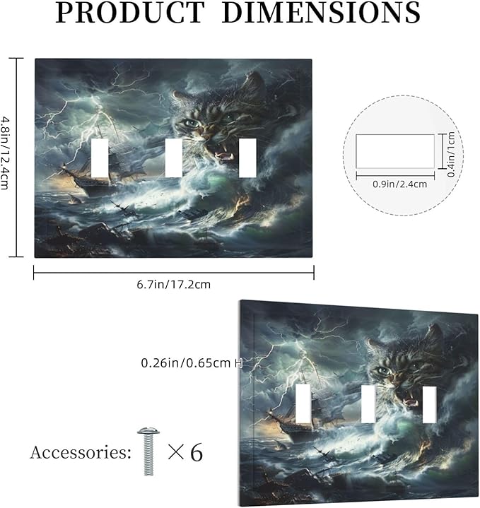 Light Switch Cover Plate funny Cat Stormy sea Lightning Sailboats 3 Gang Triple Toggle Decorative Switch Plates Wall Plates Electrical Switchplate Faceplate for Bathroom Kid Room Decor