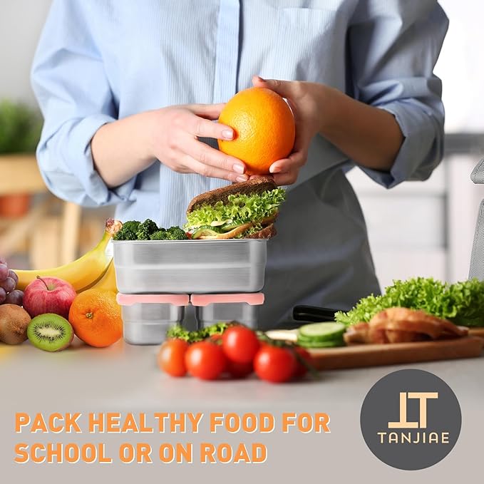 Tanjiae Small Stainless Steel Lunch Containers for Kids | Leak Proof Snack Containers with Silicone Lids - Perfect Metal Lunch Box with Lids for School and Daycare (25oz+8oz*2)