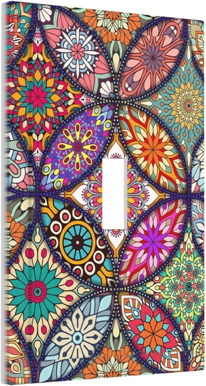 Boho Floral Pretty Colorful Mandala Flowers Decorative Light Switch Cover 1 Gang Single Toggle Device Electrical Faceplate Switchplates Decorator Outlet Wall Plate for Bedroom Living Room Decor